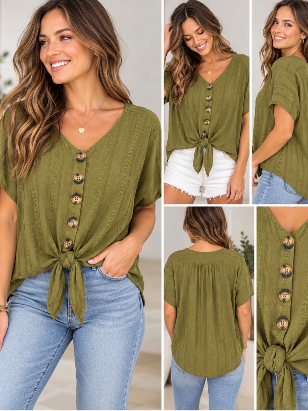 EST 1946, Olive Button-Front Tie Hem Women’s Top, Large